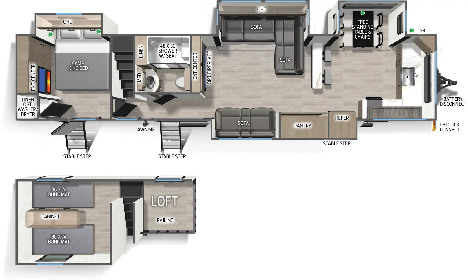 The Campsite Reserve 39LA floorplan has two entries and four slide outs. Exterior features include: metal exterior. Interiors features include: loft, front kitchen, free-standing dinette option and rear bedroom.